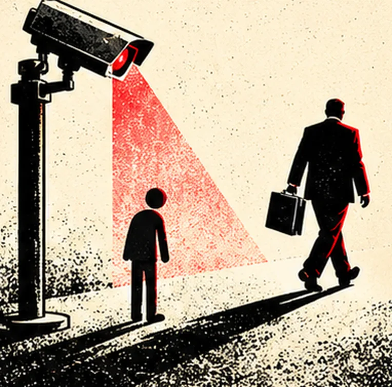 A surveillance camera on a pole casts a red cone of light onto a small figure, while a man in a suit with a briefcase walks past outside the beam.