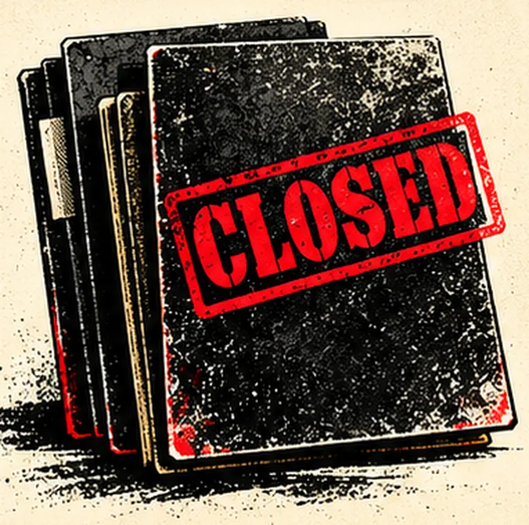 A worn black file folder stamped CLOSED in red.
