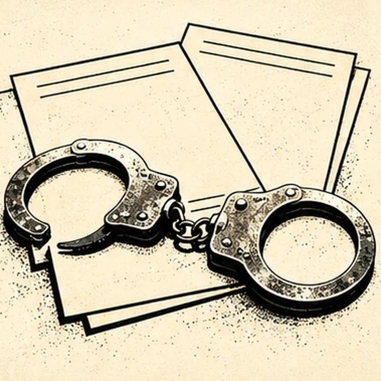 A pair of open handcuffs lying on blank sheets of paper.