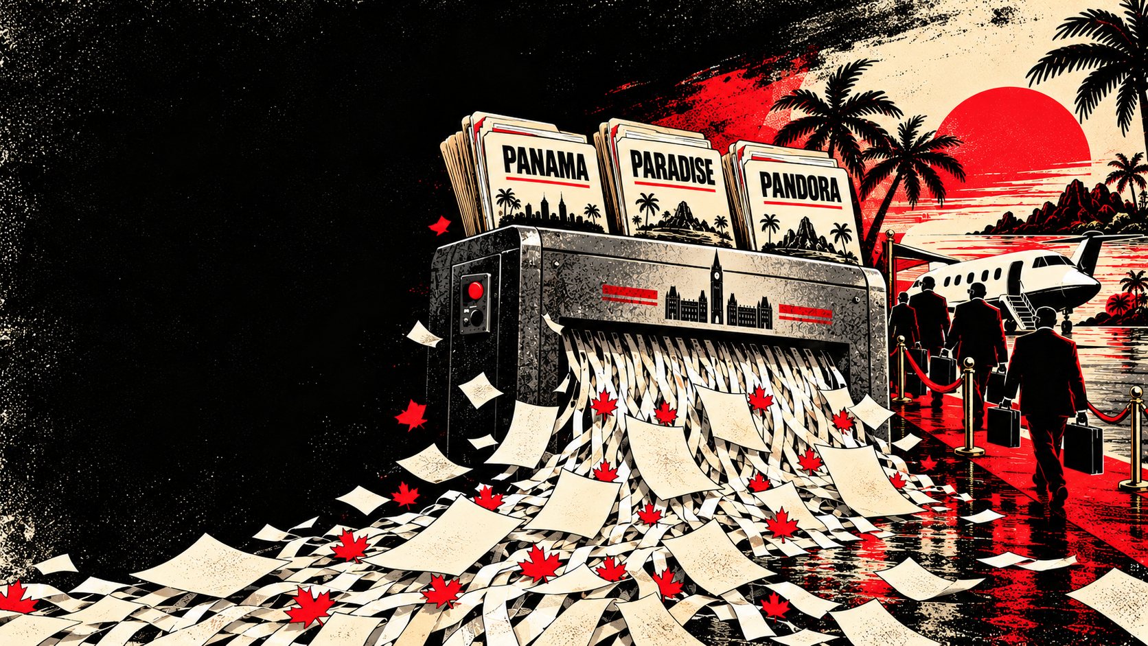 Illustration in black, cream and red. Three bundles of files labelled PANAMA, PARADISE and PANDORA feed into an industrial shredder stamped with the silhouette of the Parliament buildings. Shredded paper and red maple leaves pour across the ground. To the right, men in dark suits carrying briefcases walk a red carpet between brass stanchions toward a private jet parked by a palm-lined beach under a red sun.
