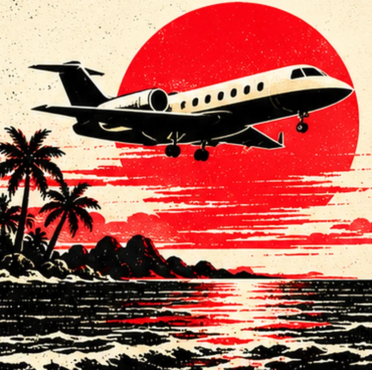 A private jet climbing past a red sun over a palm-fringed island and a red sea.