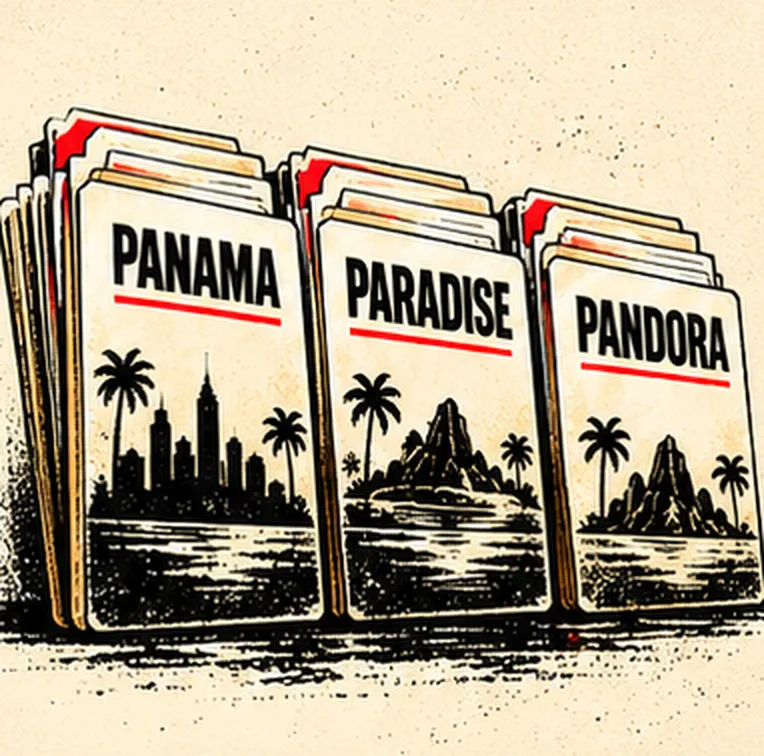 Three stacks of folders labelled PANAMA, PARADISE and PANDORA, each printed with a palm-tree skyline.