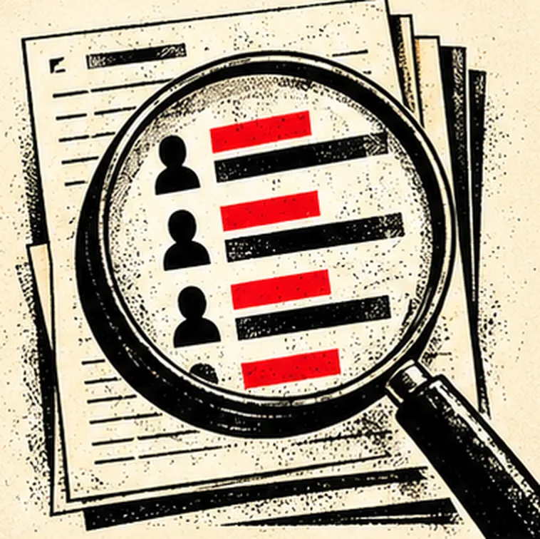 A magnifying glass over a document listing three anonymous silhouettes beside red redaction bars.