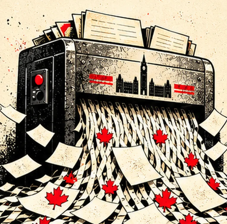 A shredder stamped with the Parliament buildings feeding paper strips and red maple leaves onto the floor.