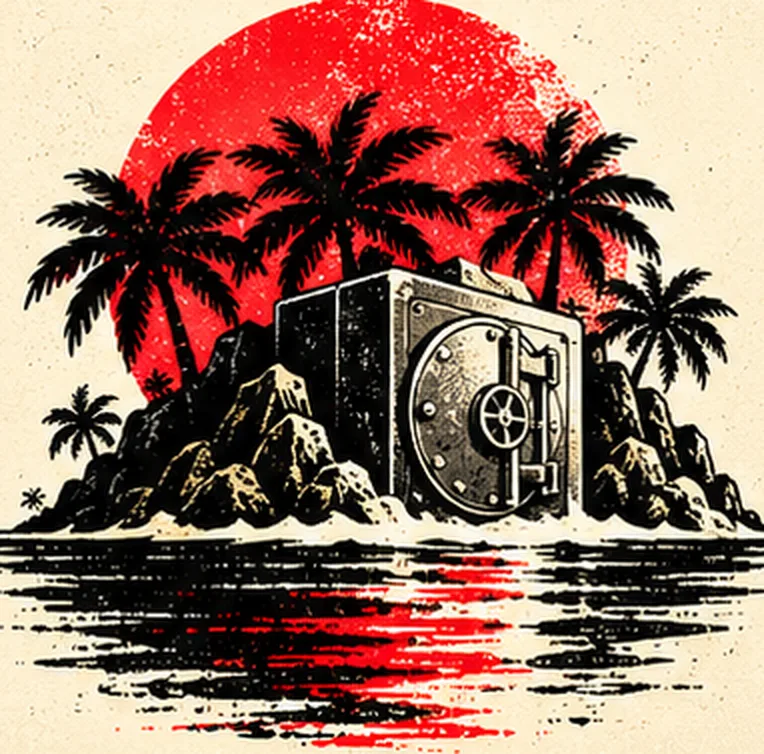 A steel safe set into a rocky island under palm trees, with a red sun behind it and red light on the water.