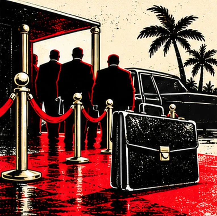 Men in dark suits walk a red carpet between brass stanchions and velvet ropes toward a car, a briefcase in the foreground.