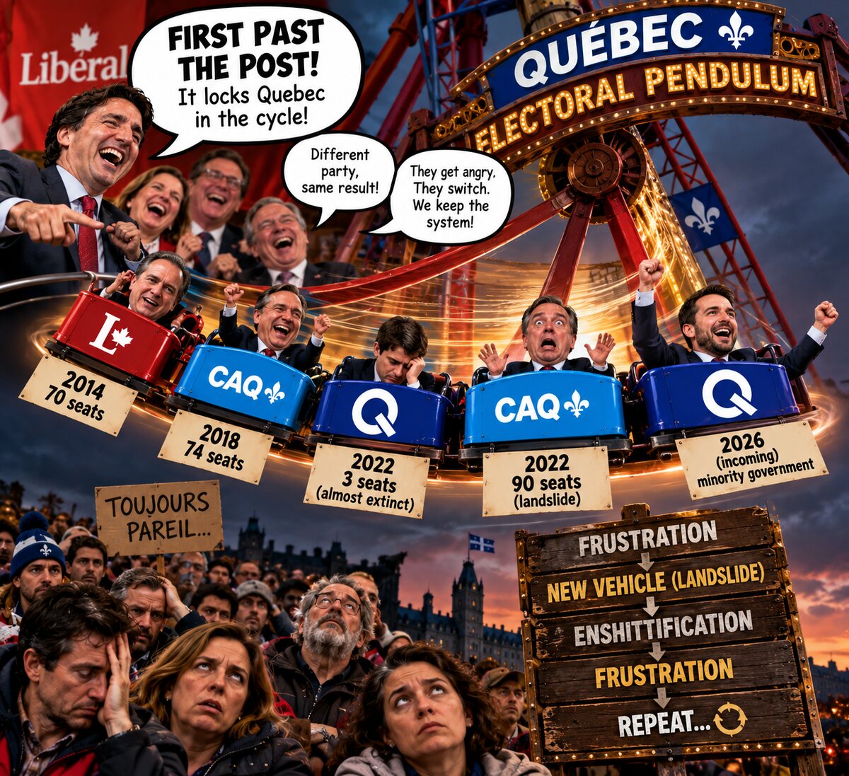 Satirical illustration: Quebec party leaders ride a roller coaster labelled Quebec Electoral Pendulum, with cars marked 2014 70 seats, 2018 74 seats, 2022 3 seats, 2022 90 seats and 2026 incoming minority government, above a crowd holding a sign reading toujours pareil and a board reading frustration, new vehicle landslide, enshittification, frustration, repeat.