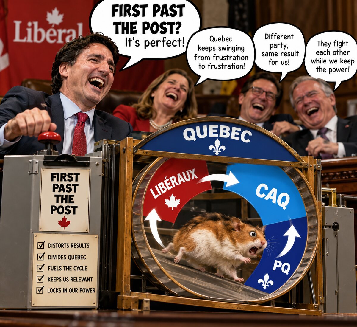 Satirical illustration: a politician pulls a lever on a machine labelled FIRST PAST THE POST with a checklist reading distorts results, divides Quebec, fuels the cycle, keeps us relevant, locks in our power, while a hamster runs in a wheel divided into three segments marked LIBERAUX, CAQ and PQ under a banner reading QUEBEC.