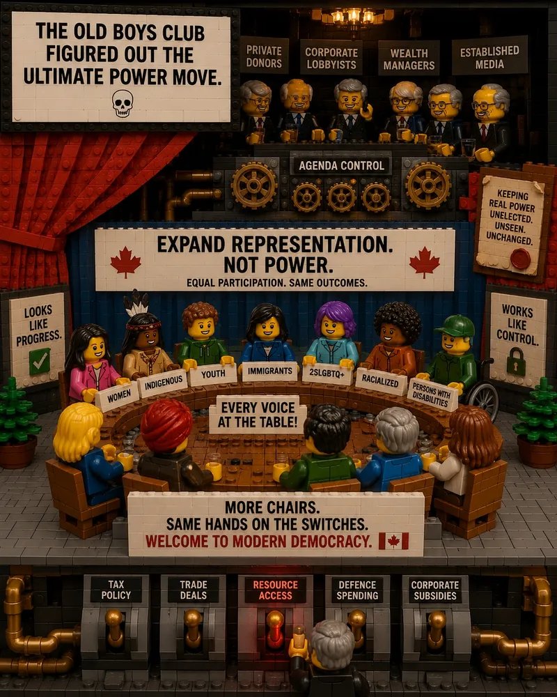 A LEGO diorama showing unelected power figures above a diverse representational panel, with policy levers underneath labelled tax policy, trade deals, resource access, defence spending, and corporate subsidies.